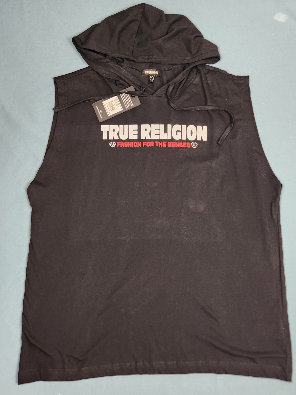 True Religion Black Sleeveless Muscle Tank Hoodie Medium NWT Black